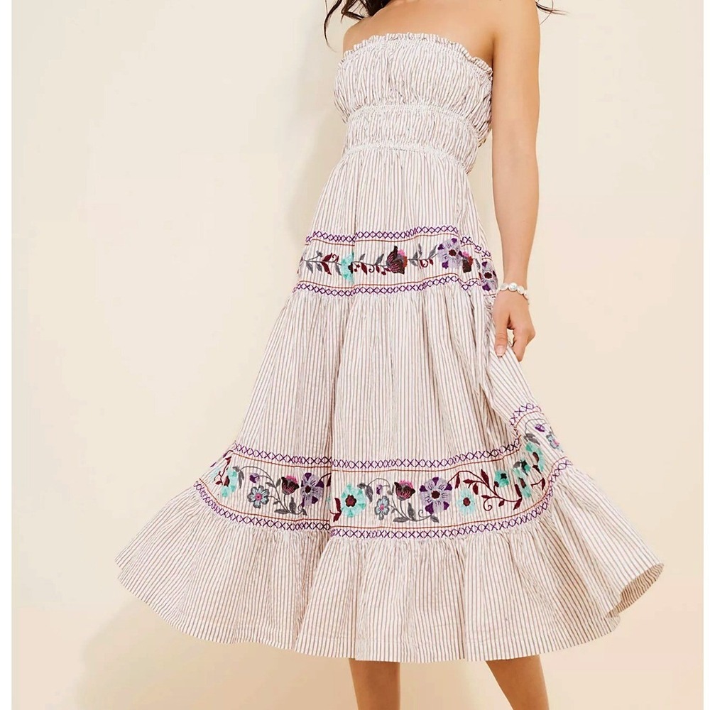 Free People Kalani Midi Dress Strapless Smocked Floral Embroidered XS Boho Beach